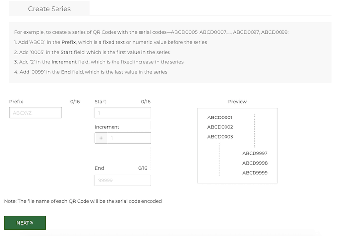 specify details to create serial code QR Codes